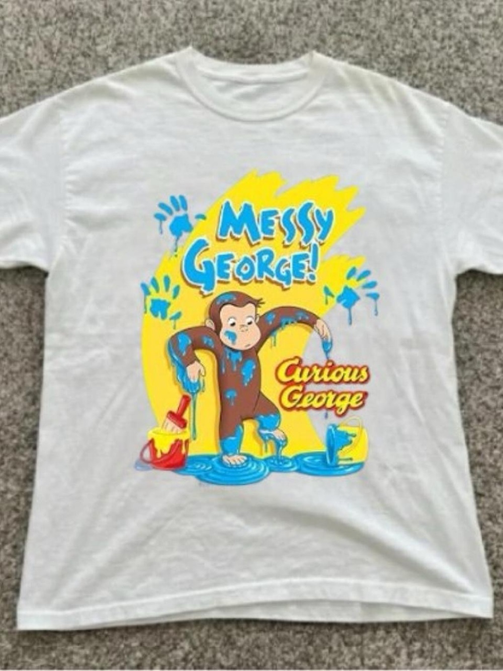 Gildan White Curious George "Messy George" Graphic Tee with Yellow & Blue Print
